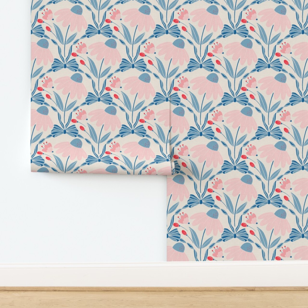 Preppy Coastal Blue Pink Botanical Floral Ribbons Bows Custom Removable Wallpaper by Spoonflower Peel & Stick Wallpaper 2FT Wide